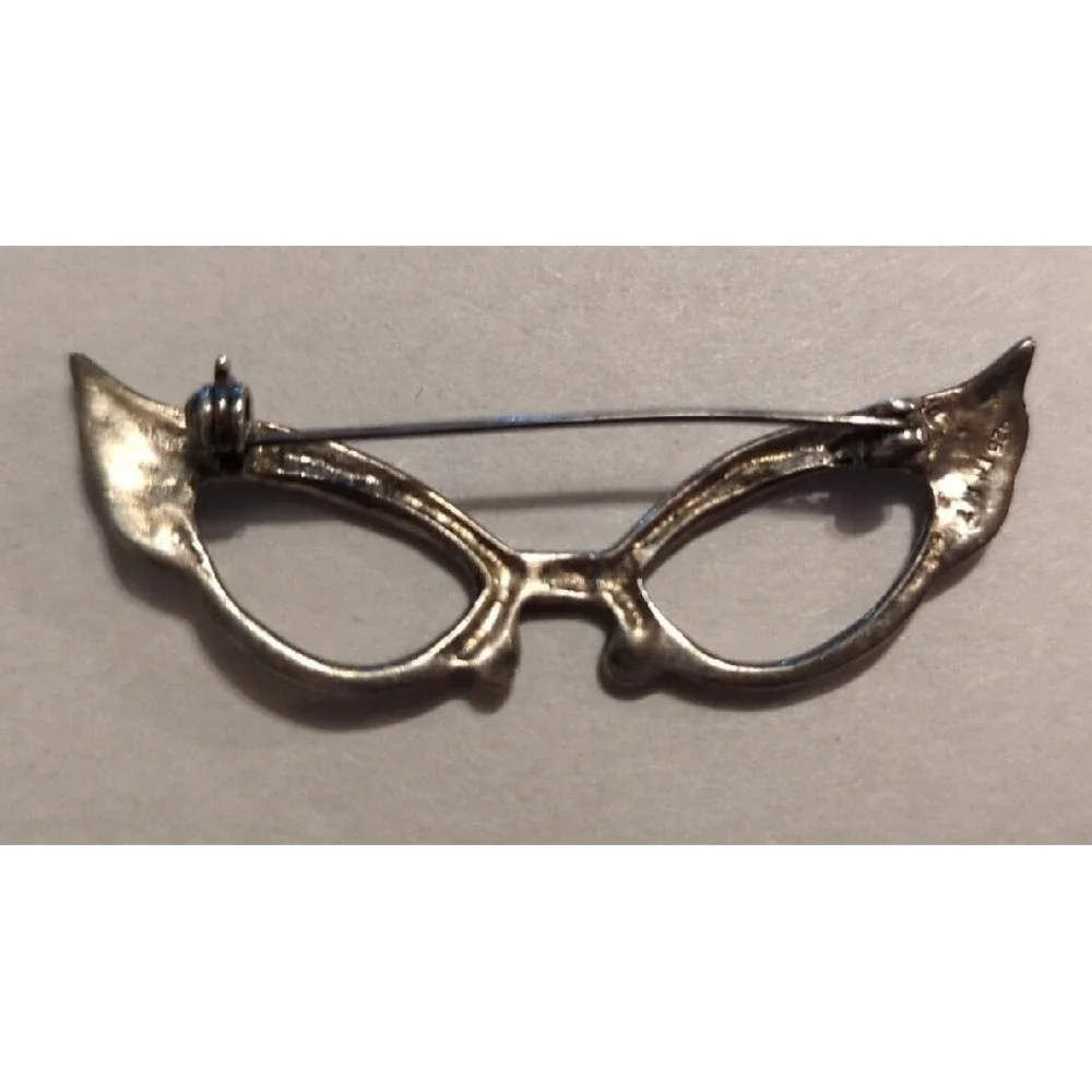 Vintage Extremely Rare Sterling Silver Cat Eye Glasses Frame Brooch Pin Gorgeous